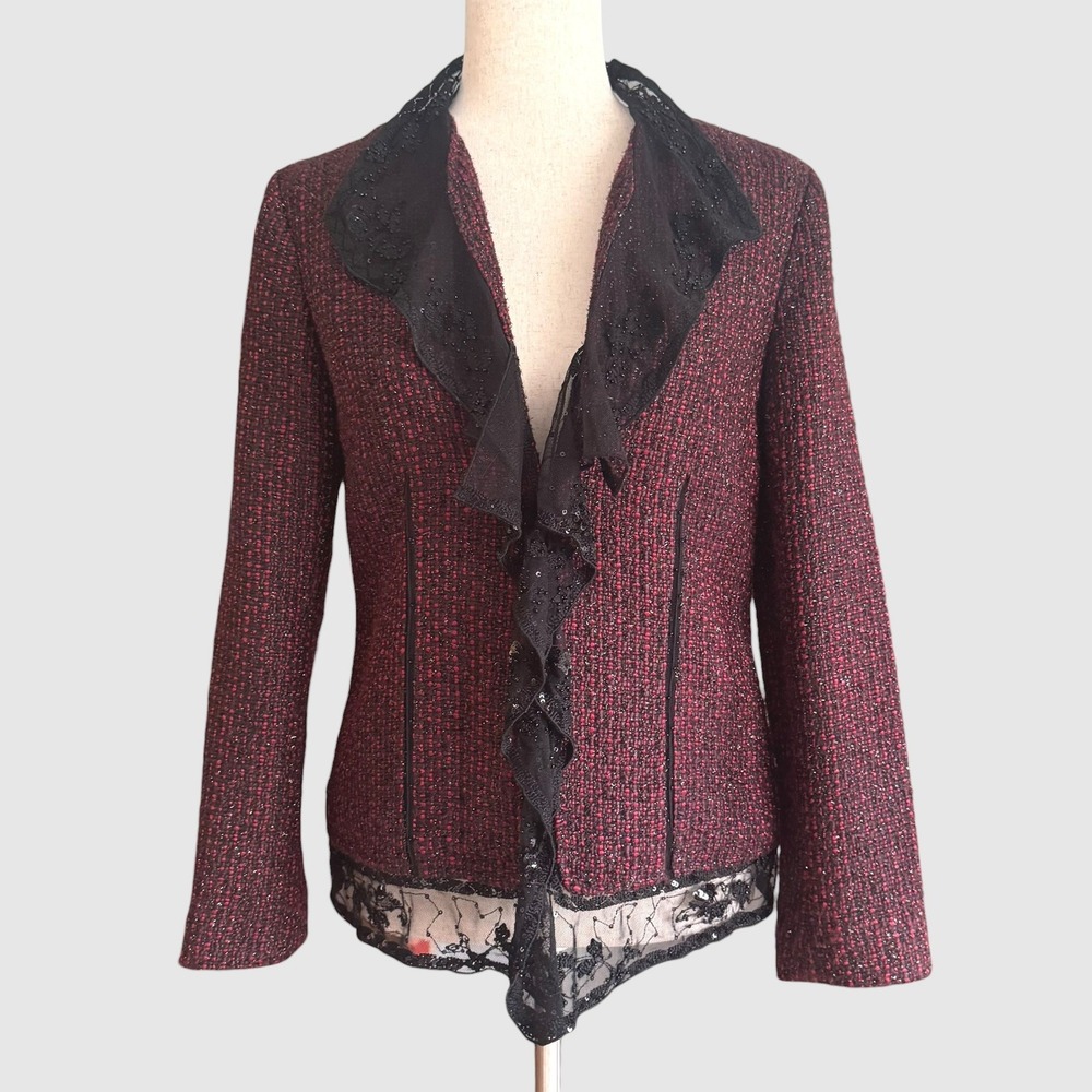 Chico's Burgundy Black Tweed Lace Ruffle Sequin Blazer Jacket Size 4 6 8 Goth